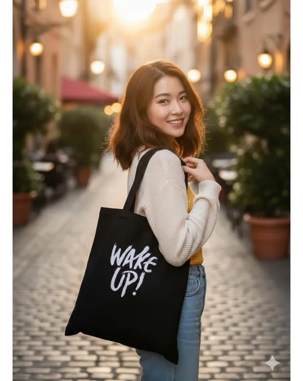 Black_Canvas_Letter_Print_Tote_Bag_With_Wake_Up_Print_For_Women