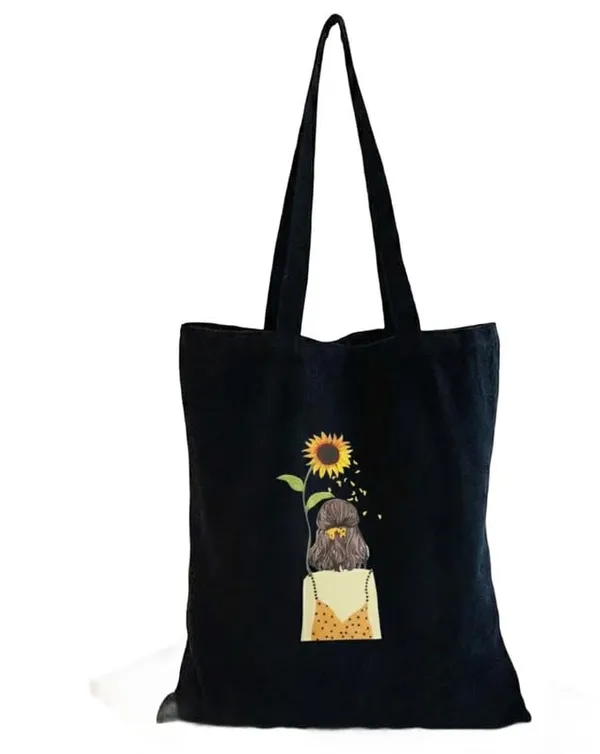 Black_Canvas_Printed_Tote_Bag_Sunflower_Girl_Art_For_Women