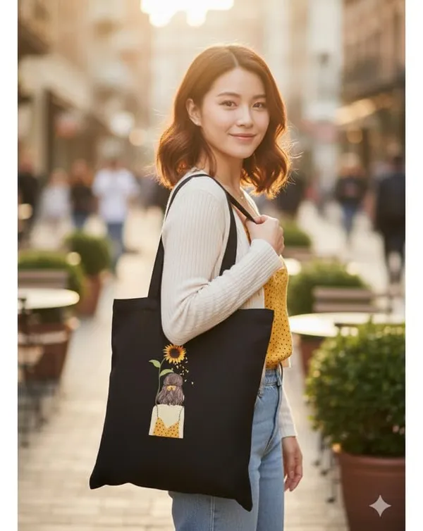 Black_Canvas_Printed_Tote_Bag_Sunflower_Girl_Art_For_Women