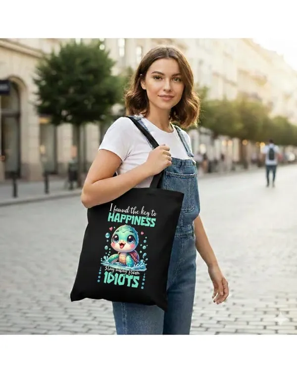 Black_Canvas_Printed_Tote_Bag_With_Happiness_Turtle_Print_For_Women