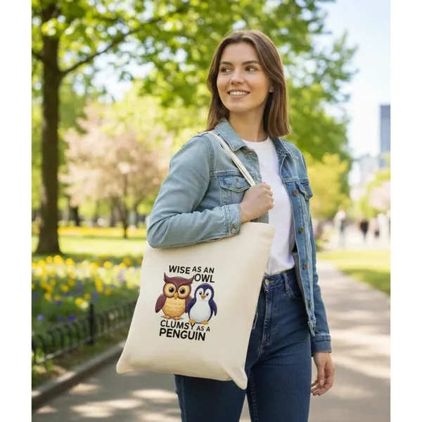 White_Canvas_Printed_Tote_Bag_Owl_And_Penguin_For_Women