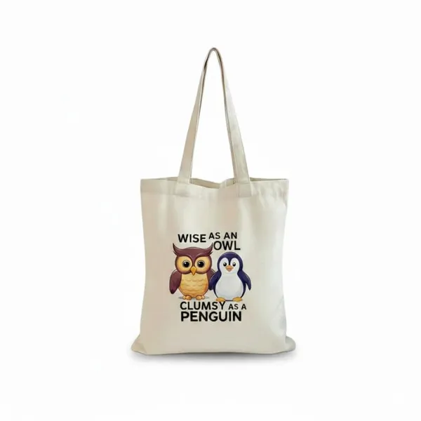 White_Canvas_Printed_Tote_Bag_Owl_And_Penguin_For_Women