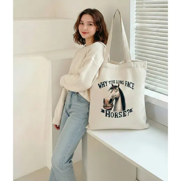 White_Canvas_Shoulder_Tote_Bag_Horse_Print_For_Women