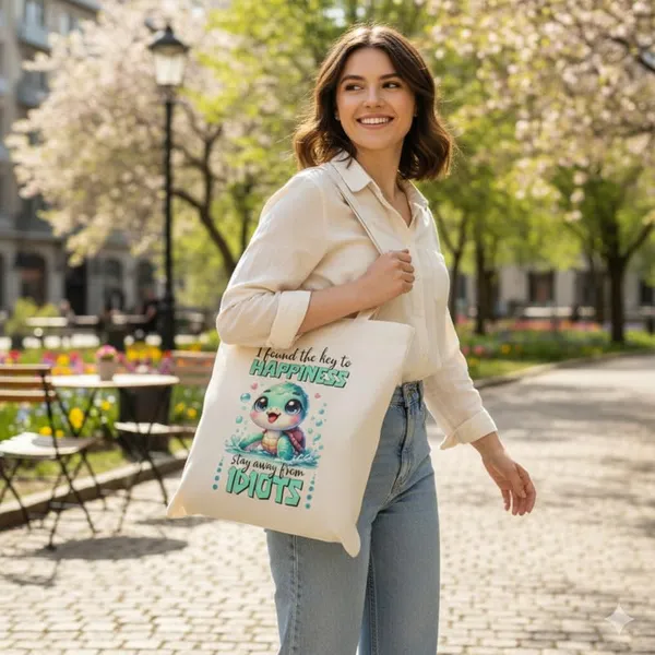 White_Canvas_Happiness_Turtle_Print_Tote_Bag_For_Women