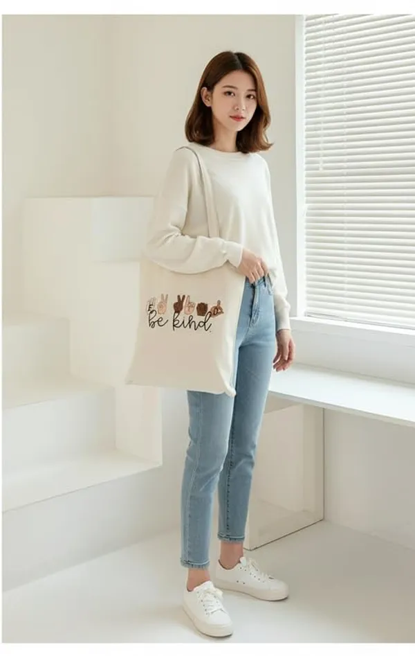 White_Canvas_Be_Kind_Letter_Print_Tote_Bag_For_Women