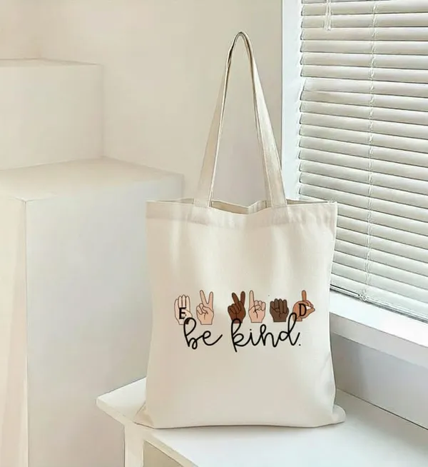 White_Canvas_Be_Kind_Letter_Print_Tote_Bag_For_Women