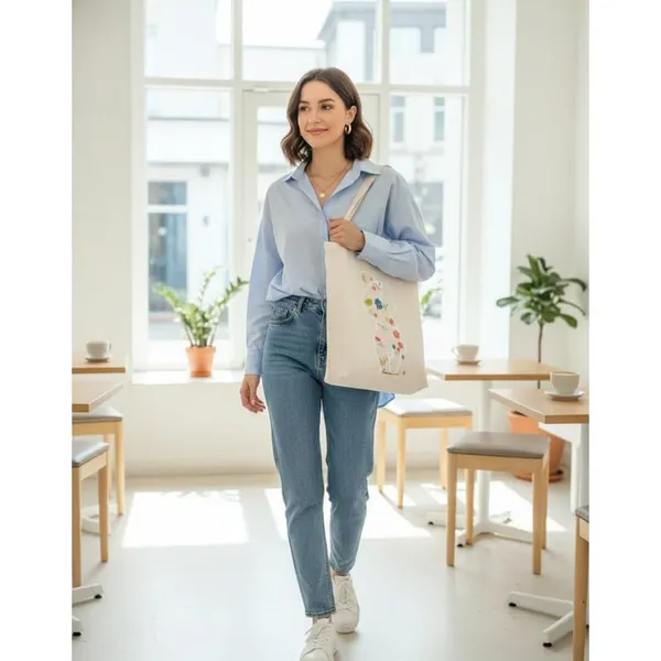 White_Canvas_Shoulder_Tote_Bag_Floral_Cat_Print_For_Women