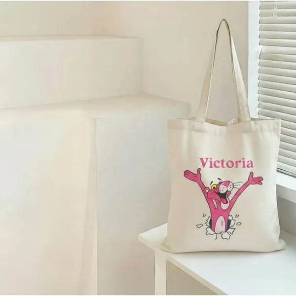 White_Canvas_Pink_Panther_Print_Tote_Bag_For_Women