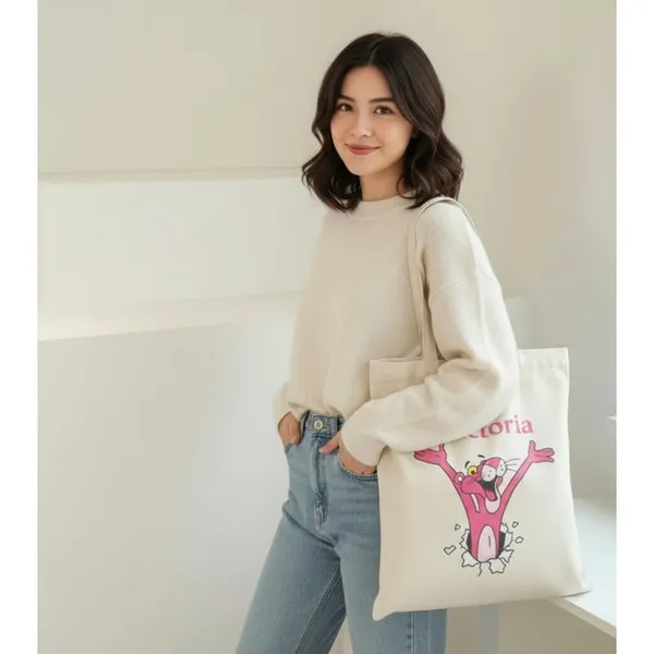 White_Canvas_Pink_Panther_Print_Tote_Bag_For_Women