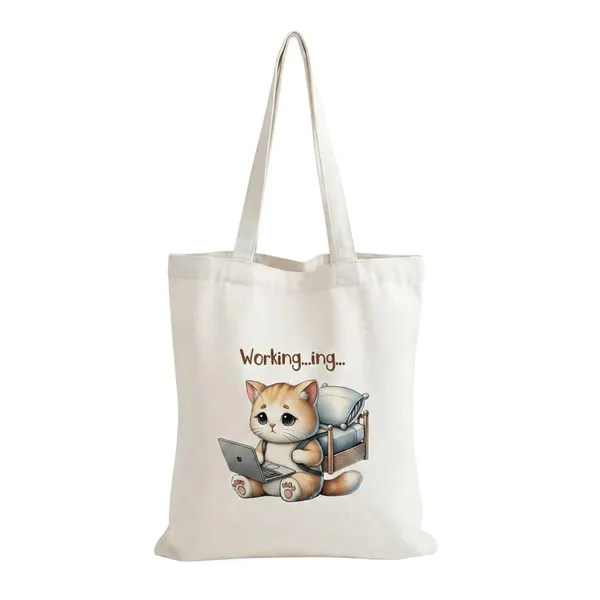 White_Canvas_Working_Cat_Print_Tote_Bag_For_Women