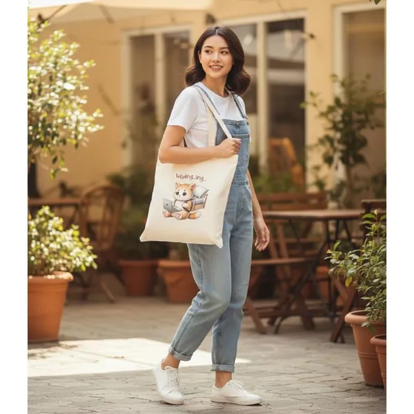 White_Canvas_Working_Cat_Print_Tote_Bag_For_Women