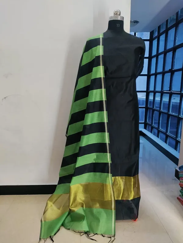 Black_And_pista_Green_Cotton_cotton_silk_Elegant_Dress_Material_For_Women