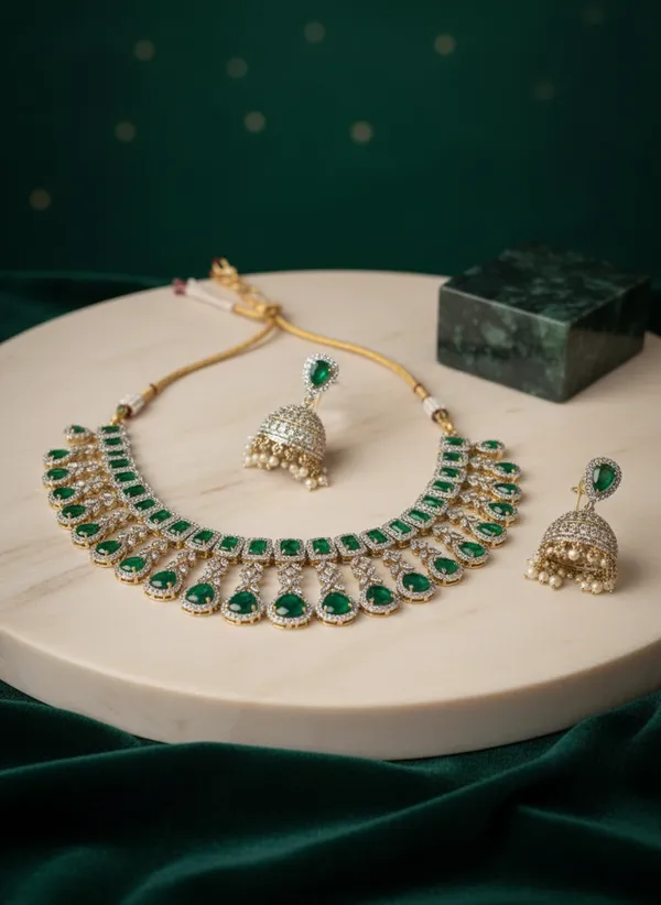 Green_Silver_American_Diamond_Necklace_Set