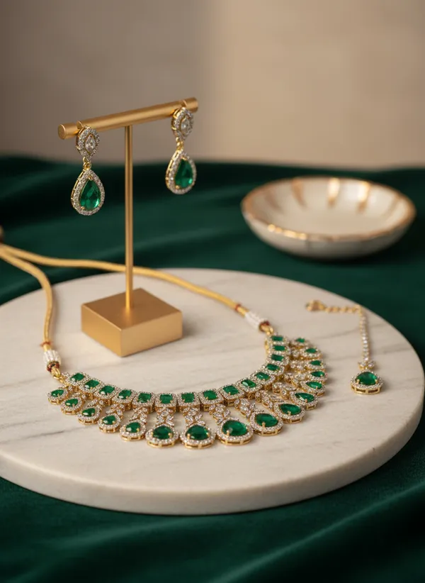 Green_Silver_American_Diamond_Necklace_Set