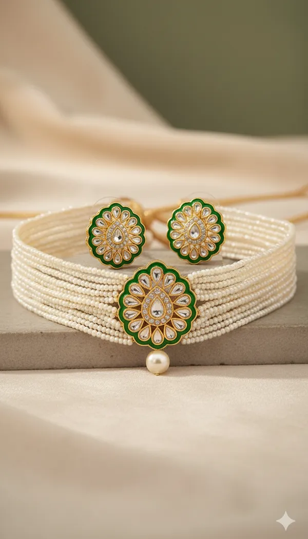 Green_White_Pearl_Kundan_Choker_Set_For_Women