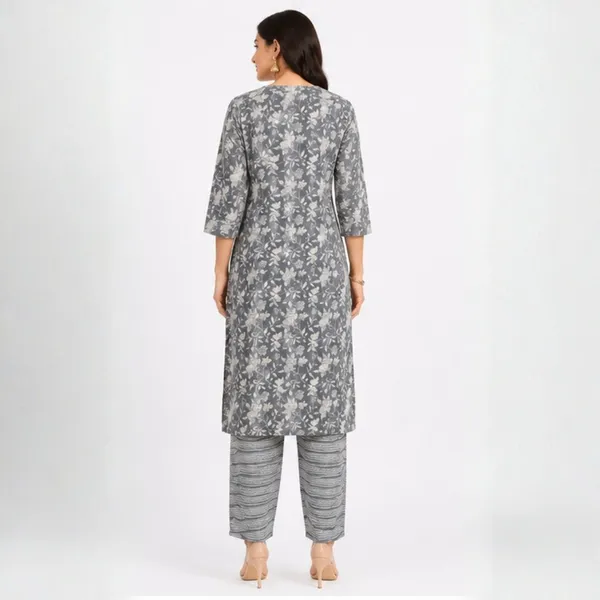 2_Piece_Slate_Grey_Floral_Printed_Cotton_Kurta_Set_with_Striped_Trousers