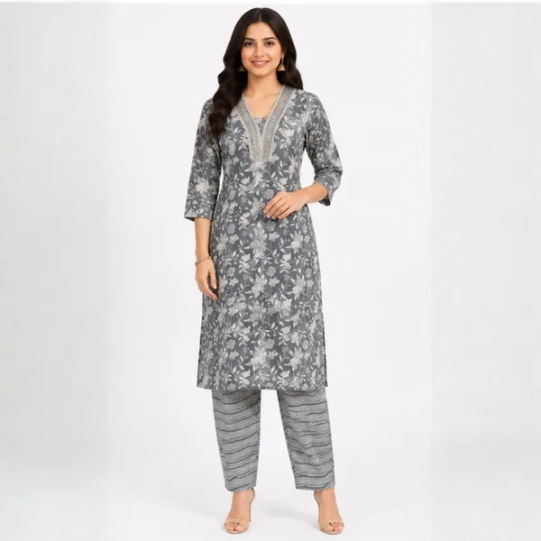 2_Piece_Slate_Grey_Floral_Printed_Cotton_Kurta_Set_with_Striped_Trousers
