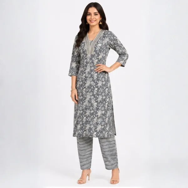 2_Piece_Slate_Grey_Floral_Printed_Cotton_Kurta_Set_with_Striped_Trousers
