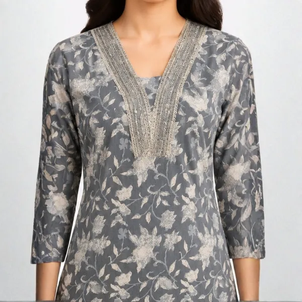 2_Piece_Slate_Grey_Floral_Printed_Cotton_Kurta_Set_with_Striped_Trousers
