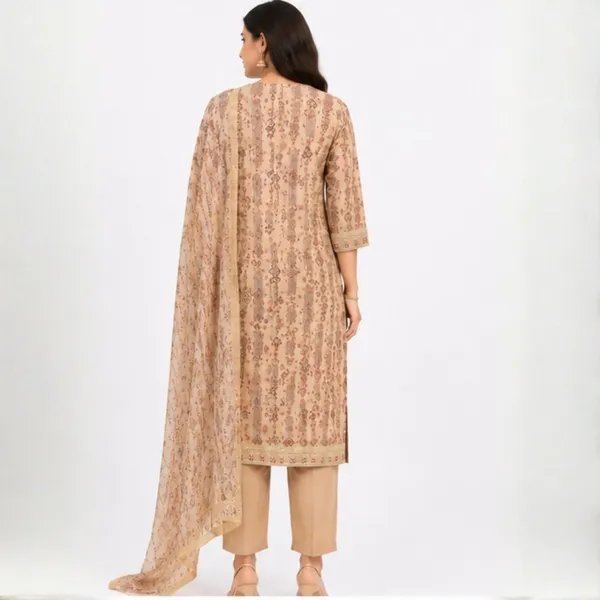 3_Piece_Beige_Kalamkari_Style_Printed_Tissue_Kurta_Set_with_Dupatta