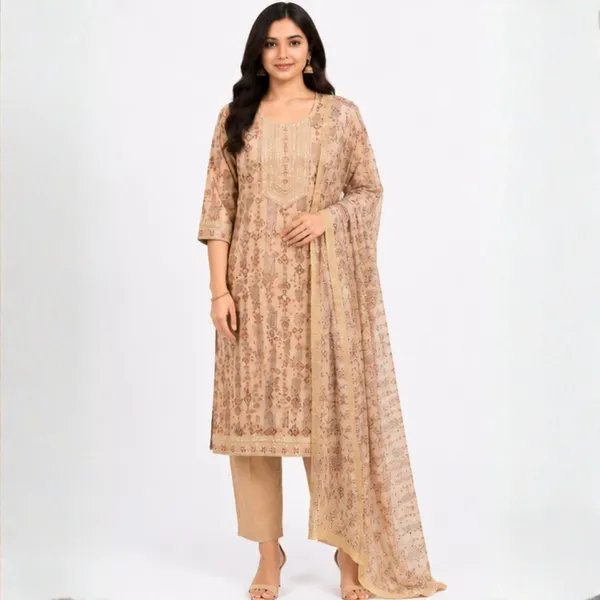 3_Piece_Beige_Kalamkari_Style_Printed_Tissue_Kurta_Set_with_Dupatta