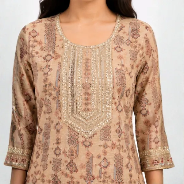 3_Piece_Beige_Kalamkari_Style_Printed_Tissue_Kurta_Set_with_Dupatta