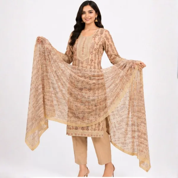 3_Piece_Beige_Kalamkari_Style_Printed_Tissue_Kurta_Set_with_Dupatta