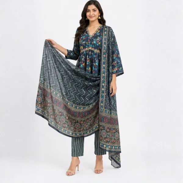 3_Piece_Navy_Blue_Floral_Print_Gathered_Kurta_Set_with_Striped_Pants_and_Dupatta