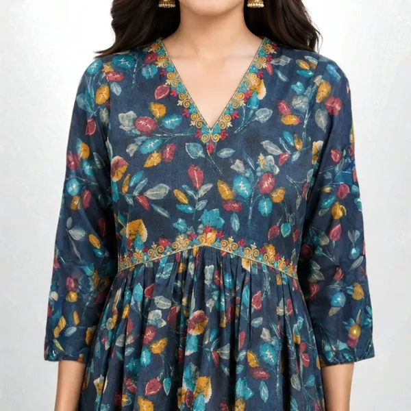 3_Piece_Navy_Blue_Floral_Print_Gathered_Kurta_Set_with_Striped_Pants_and_Dupatta
