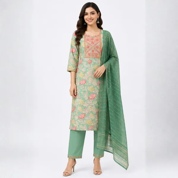 3_Piece_Multi-Color_Geometric_Printed_Kurta_Set_with_Teal_Green_Dupatta