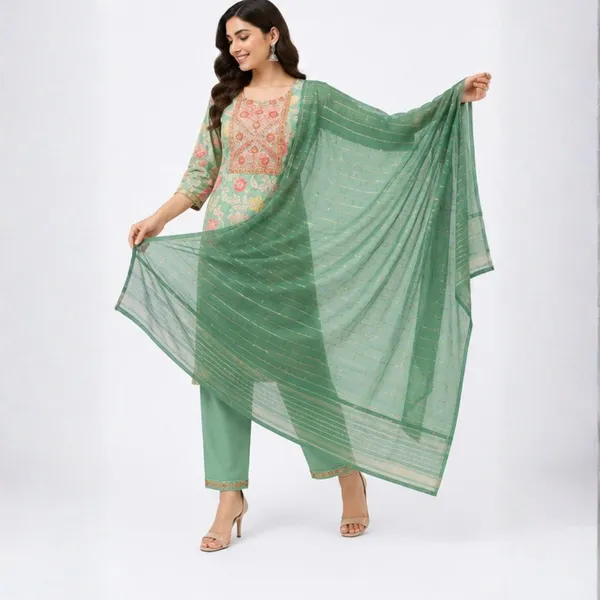 3_Piece_Multi-Color_Geometric_Printed_Kurta_Set_with_Teal_Green_Dupatta