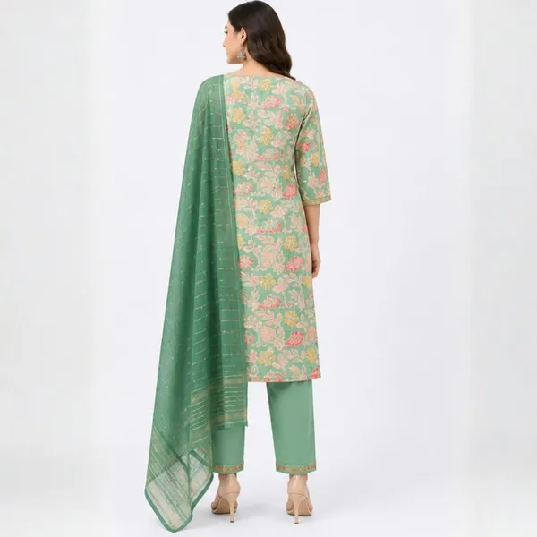 3_Piece_Multi-Color_Geometric_Printed_Kurta_Set_with_Teal_Green_Dupatta