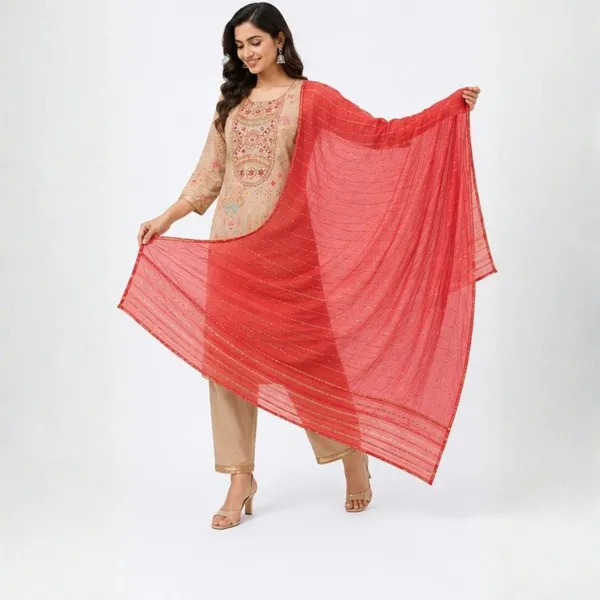 3_Piece_Beige_Geometric_Printed_Kurta_Set_with_Red_Dupatta