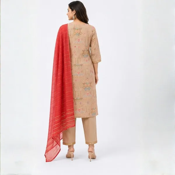 3_Piece_Beige_Geometric_Printed_Kurta_Set_with_Red_Dupatta