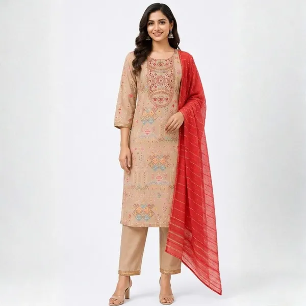 3_Piece_Beige_Geometric_Printed_Kurta_Set_with_Red_Dupatta
