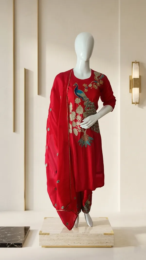 Red_Cotton_Peacock_Embroidered_Kurta_Pyjama_Dupatta_Set_For_Women