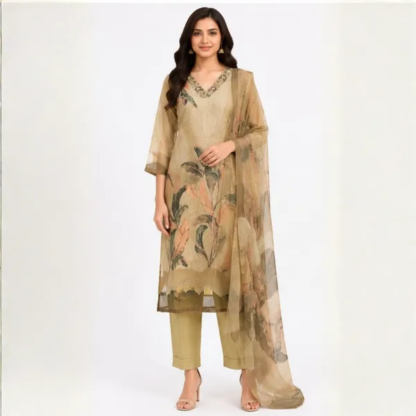Beige_and_Olive_Silk_Blend_3_Piece_Kurti_Pant_Set_with_Sheer_Dupatta
