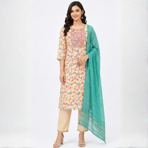 Women's_Pastel_Mosaic_Print_3_Piece_Kurti_Pant_Set_with_Sea_Green_Dupatta