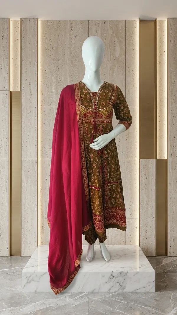 Brown_Bandhani_Print_Anarkali_Kurta_Pyjama_Dupatta_Set_For_Women