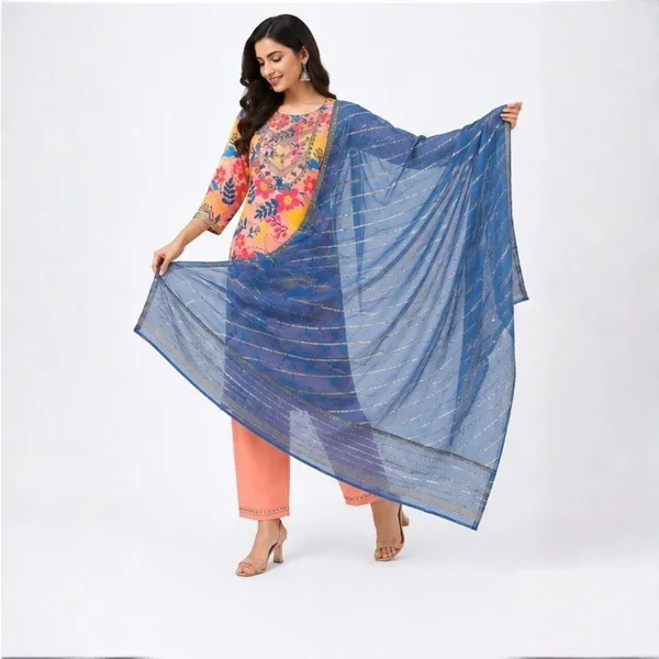 3_Piece_Peach_Floral_Printed_Kurta_Set_with_Indigo_Blue_Dupatta