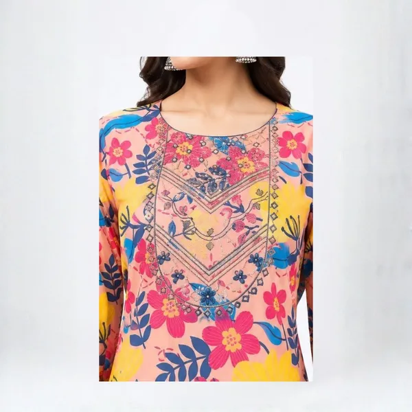 3_Piece_Peach_Floral_Printed_Kurta_Set_with_Indigo_Blue_Dupatta