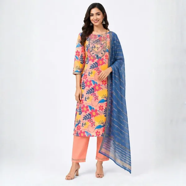 3_Piece_Peach_Floral_Printed_Kurta_Set_with_Indigo_Blue_Dupatta