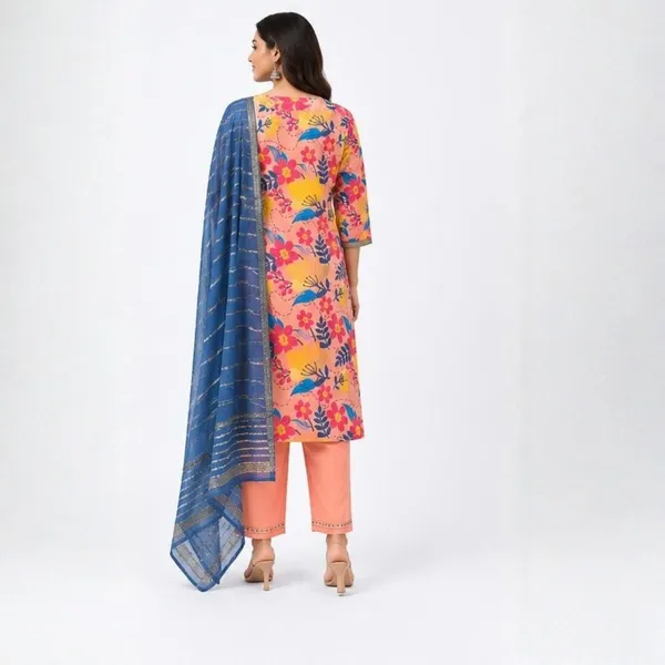 3_Piece_Peach_Floral_Printed_Kurta_Set_with_Indigo_Blue_Dupatta