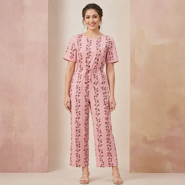 Pink_Floral_Print_Short_Sleeve_Jumpsuit_For_Women