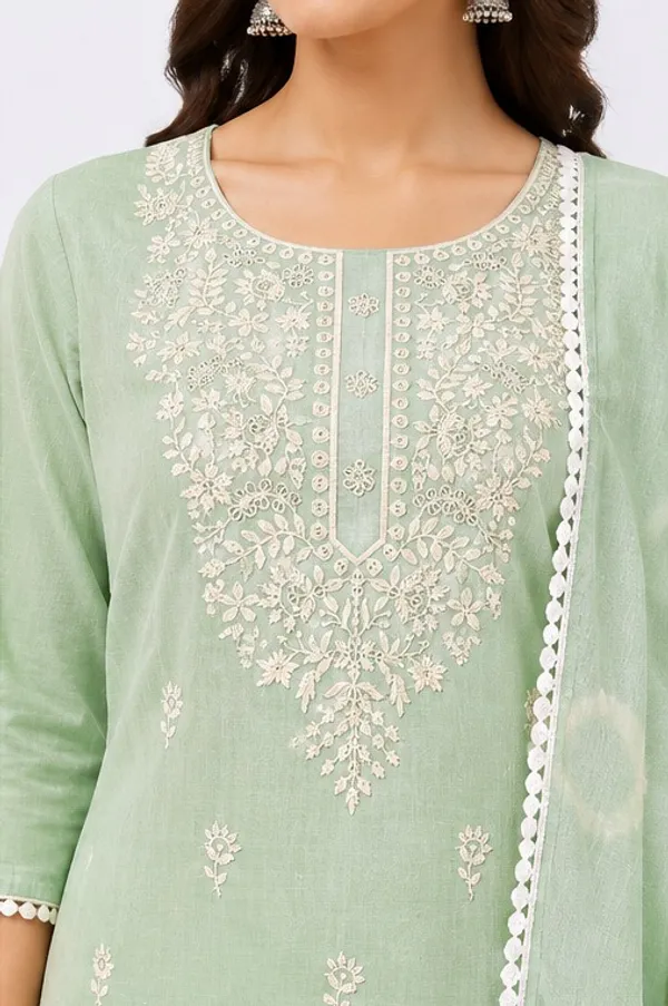 Pista_Green_Cotton_3_Piece_Kurti_Pant_Set_with_White_Lace_and_Embroidery