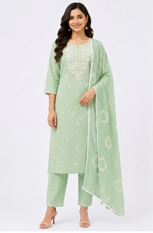 Pista_Green_Cotton_3_Piece_Kurti_Pant_Set_with_White_Lace_and_Embroidery