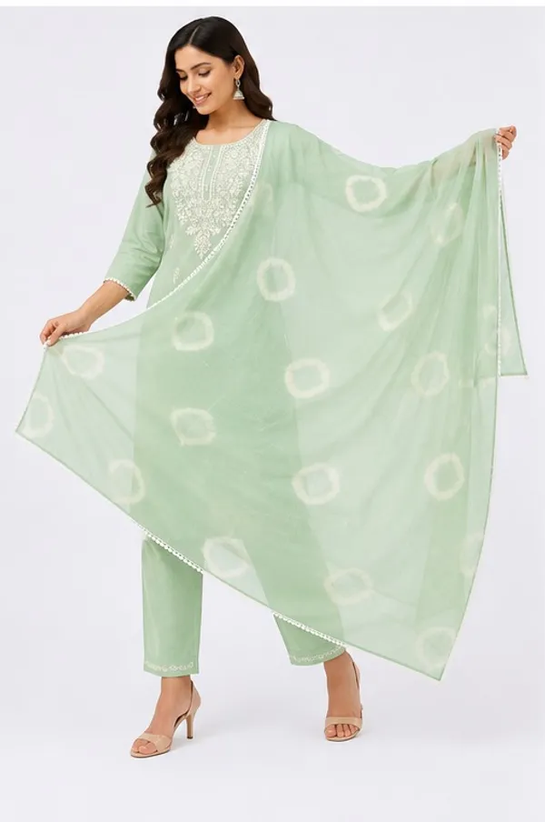Pista_Green_Cotton_3_Piece_Kurti_Pant_Set_with_White_Lace_and_Embroidery