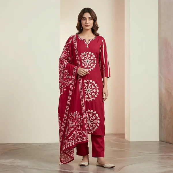 Red_Cotton_Embroidered_Kurta_Pyjama_Dupatta_Set_For_Women