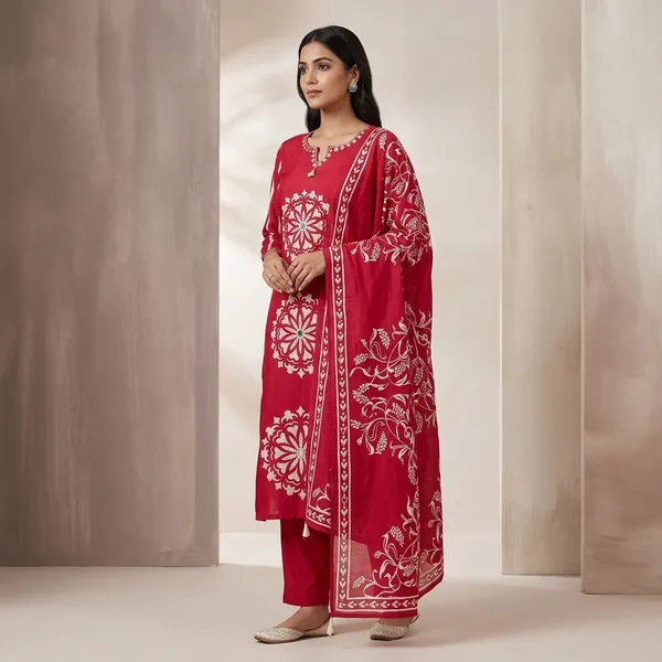 Red_Cotton_Embroidered_Kurta_Pyjama_Dupatta_Set_For_Women