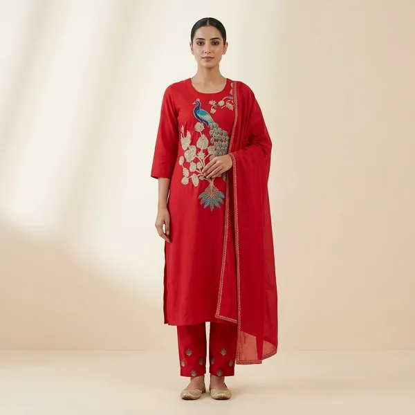 Red_Cotton_Peacock_Embroidered_Kurta_Pyjama_Dupatta_Set_For_Women